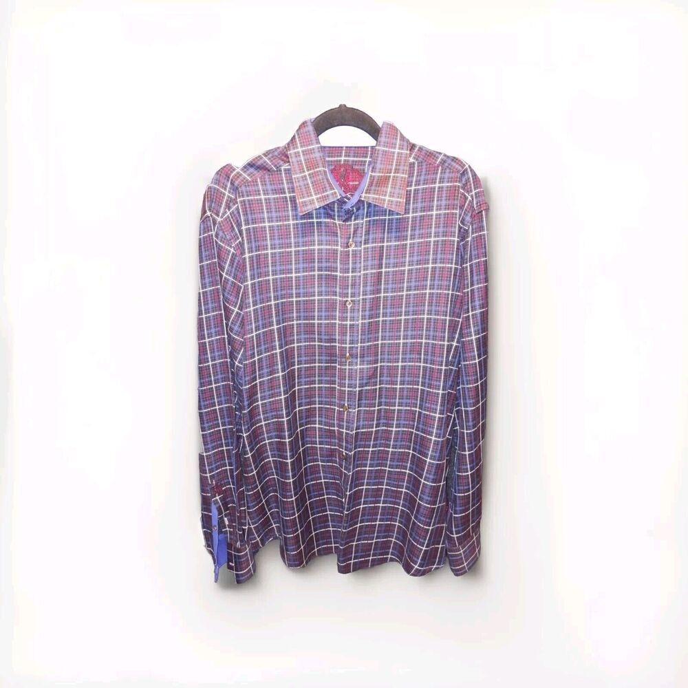 Bugatchi Dress Shirt Men Shaped Fit‎ Houndstooth Plaid Tattersall Button Up Blue
